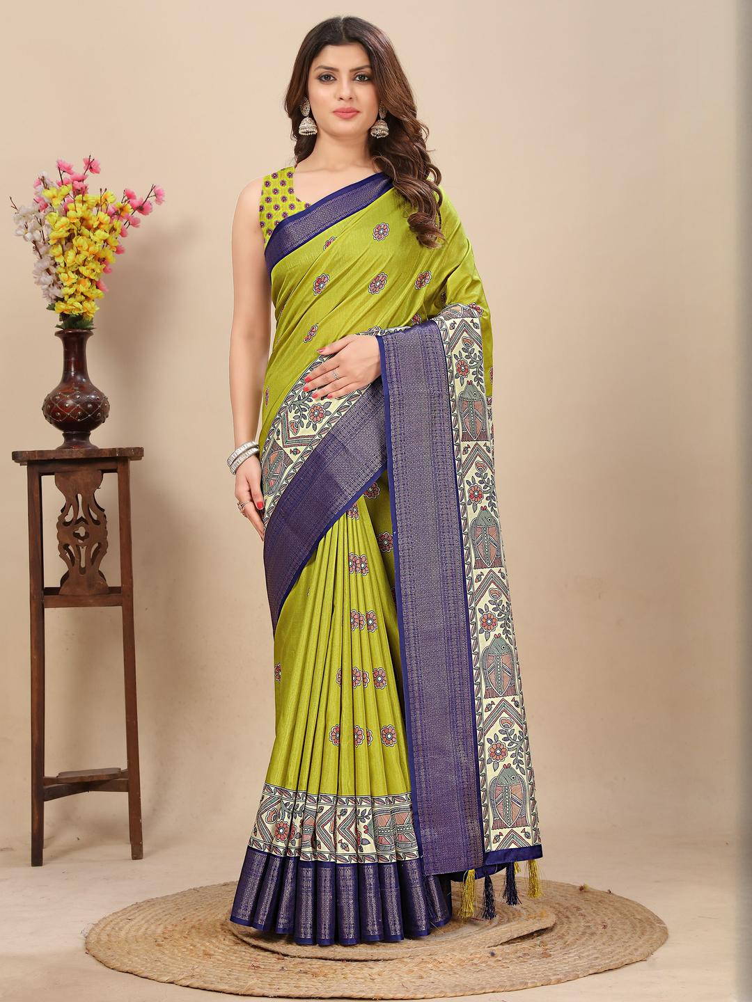 SSHAGUN LIFESTYLE Woven Design Kalamkari Print Bandhani Saree