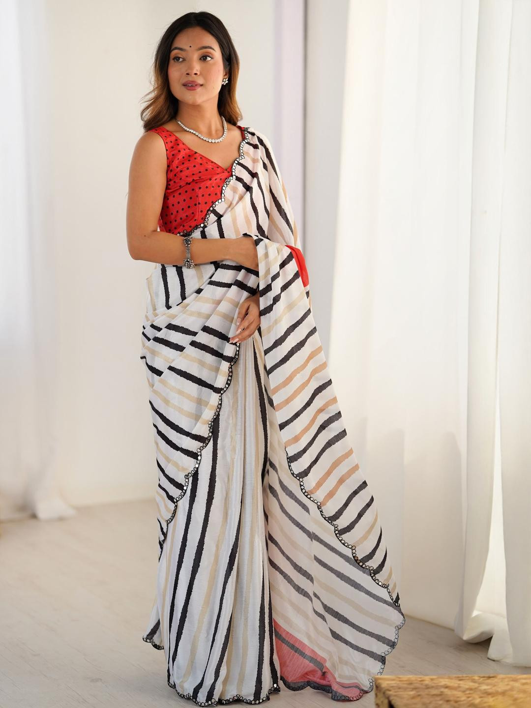 Mitera Striped Pure Chiffon Saree with Mirror Work Border