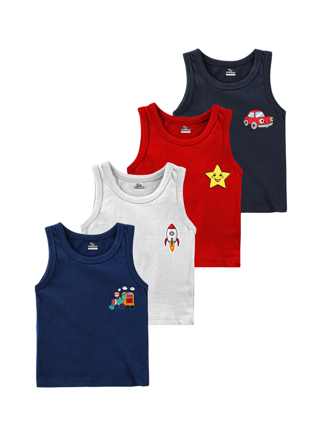 KidBee Kids Pack Of 4 Cartoon Printed Cotton Sleeveless Inner Vests