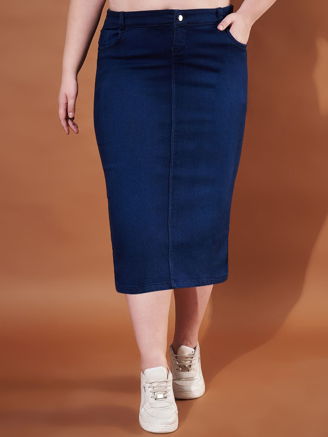 Purple Feather Women Solid Plus Size Denim Cotton Stretchable Skirt