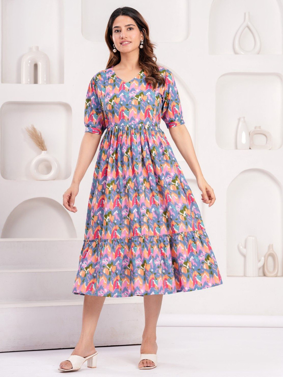 FEMARY Women Cotton Puff Sleeve Maternity Maxi Dress