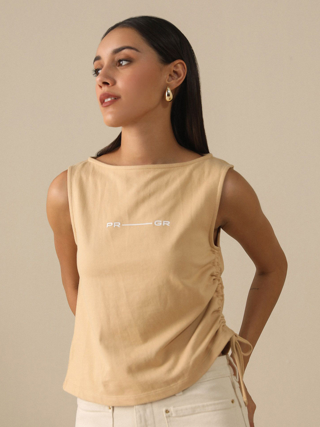 PRIMAL GRAY Women Typography Printed Boat Neck Ruched Cotton Slip Top