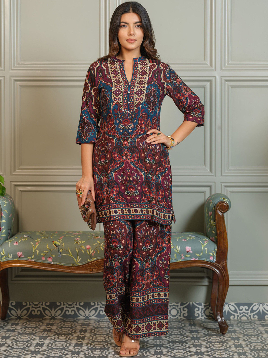 AUTUMN LANE Tashvika Jay Printed Mandarin Collar Pure Cotton Tunic With Palazzo Co-Ords