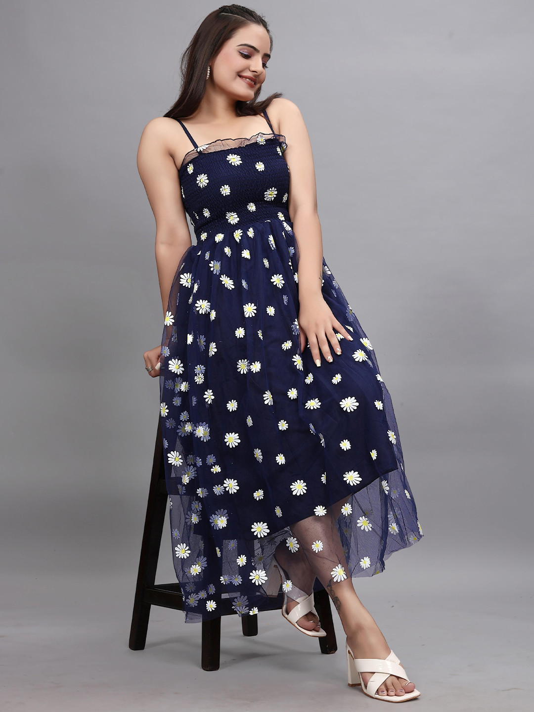 Pinly Women Floral Printed Fit and Flare Midi Dress With Smocked Details