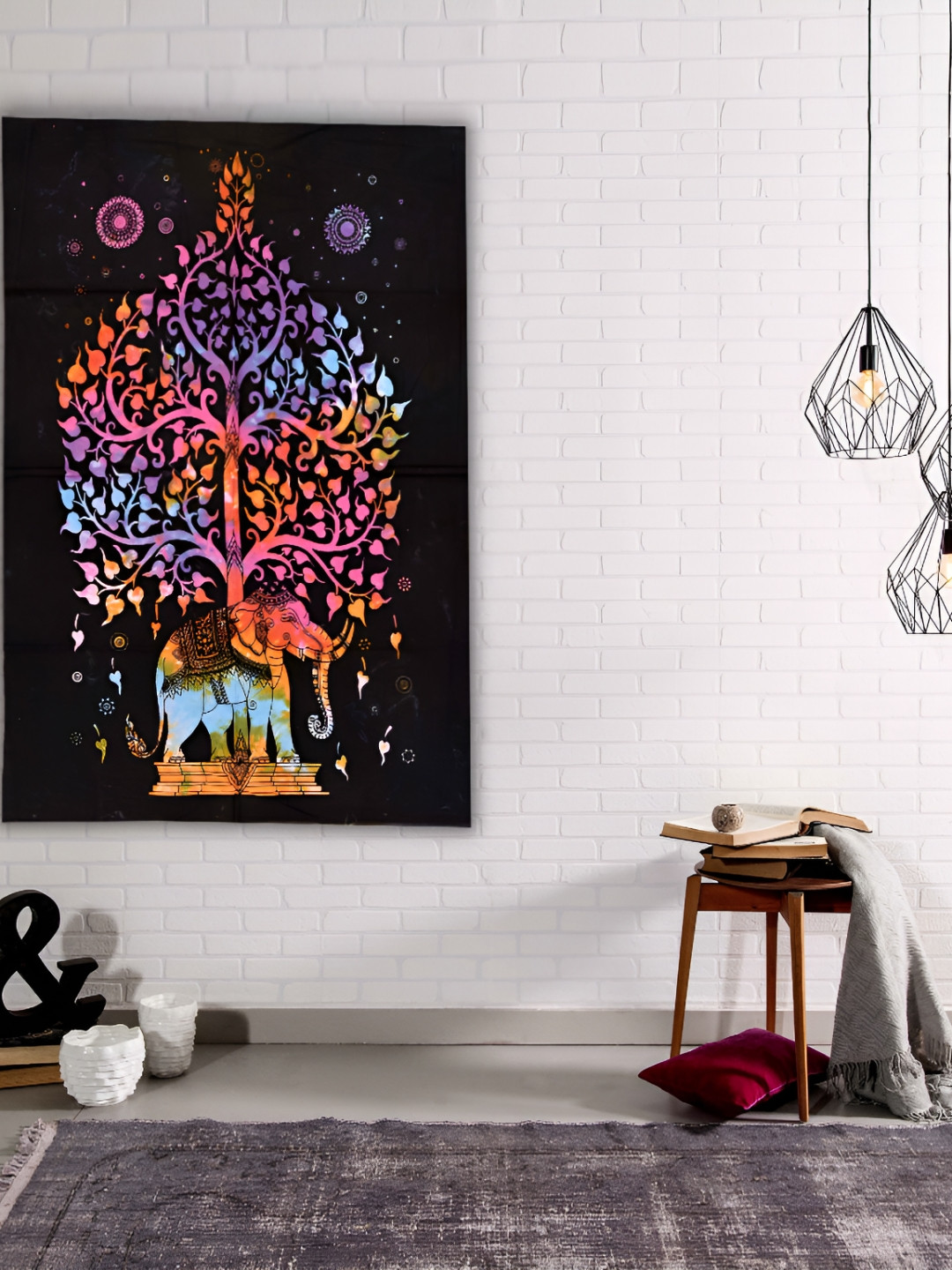 HANDICRAFT PALACE Black & Pink Elephant Printed Pure Cotton Wall Hanging Tapestry