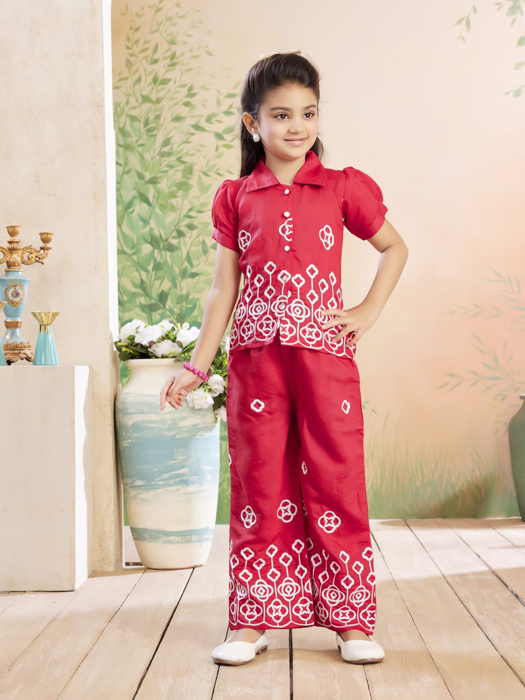 BAESD Girls Embroidery Shirt Collar Pure Cotton Top with Trousers