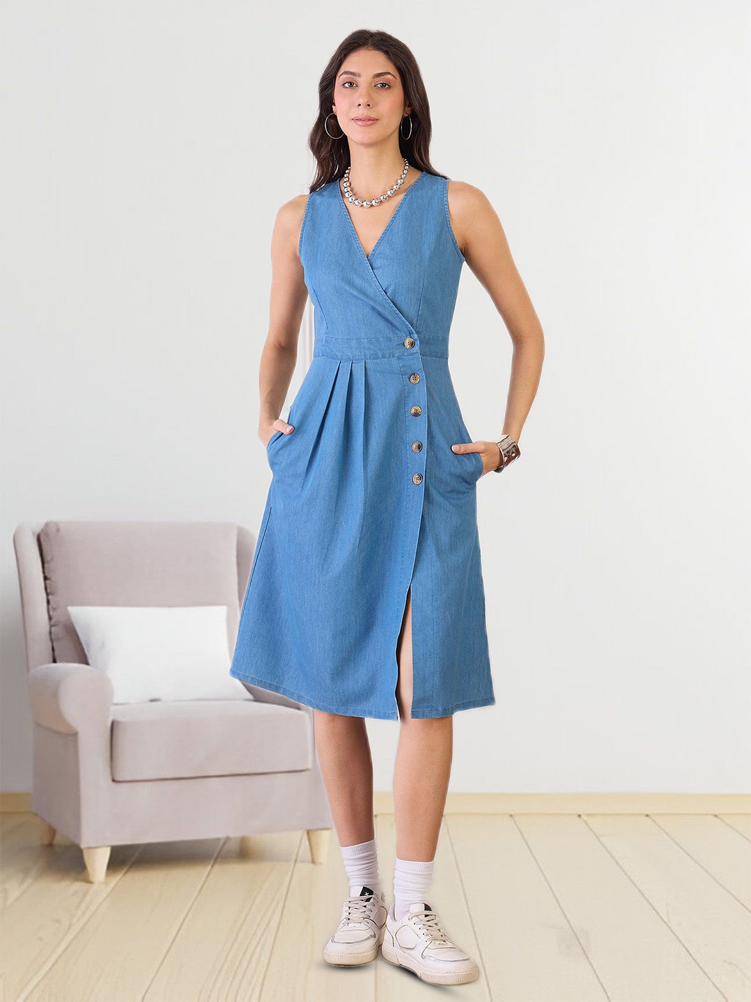 R.Code by The Roadster Life Co. Women Button Detail Denim Wrap Midi Dress