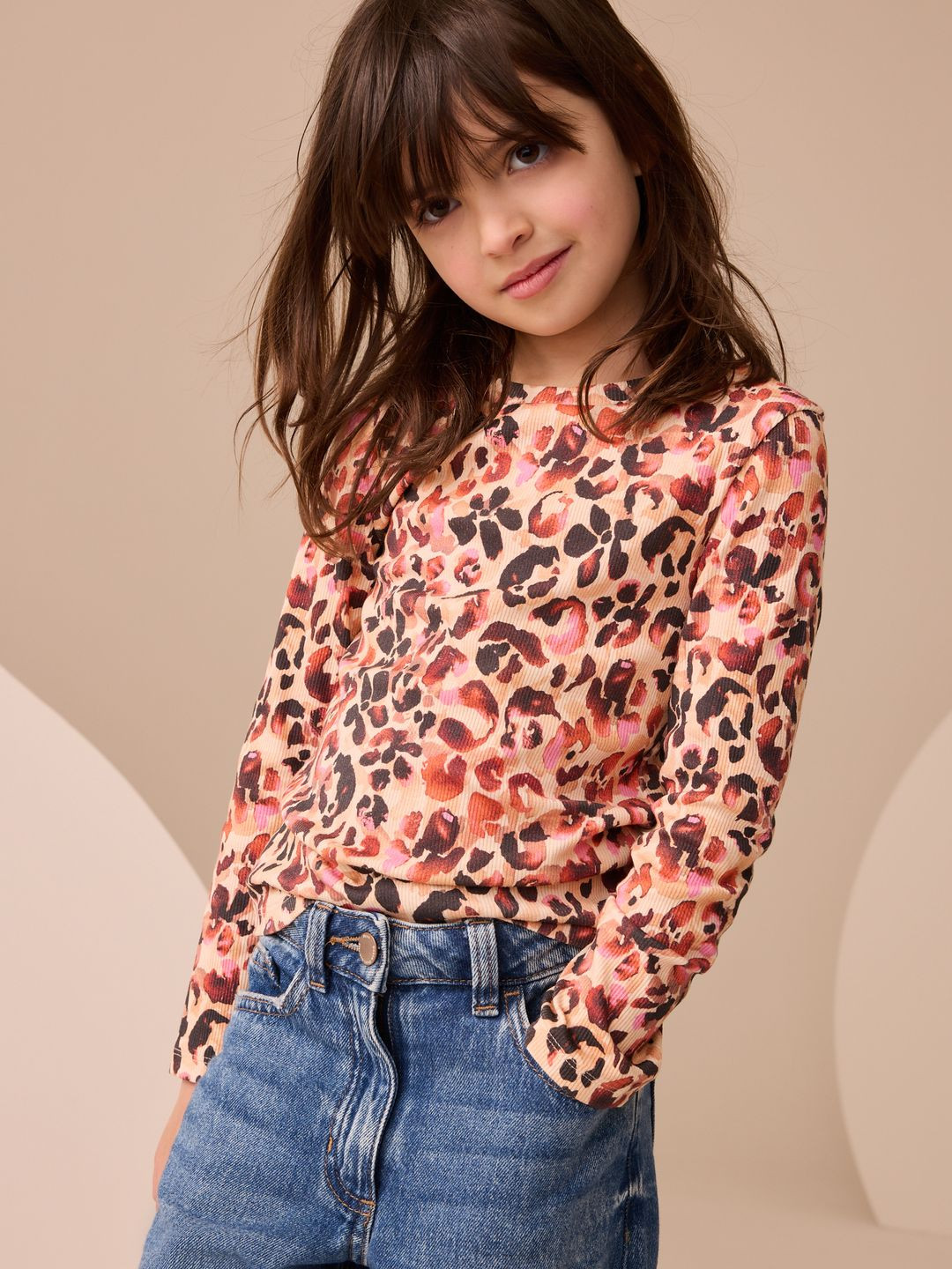 NEXT Girls Leopard Print Long Sleeve Ribbed Top