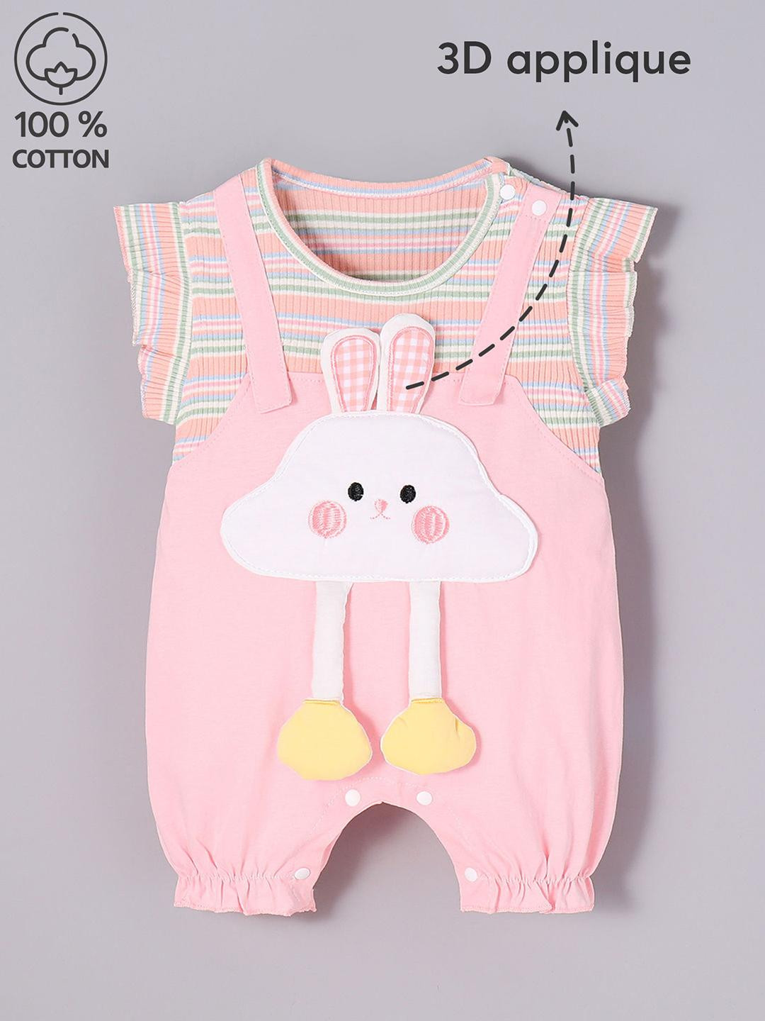 Hopscotch Kids Pink Bunny Applique Cotton Romper
