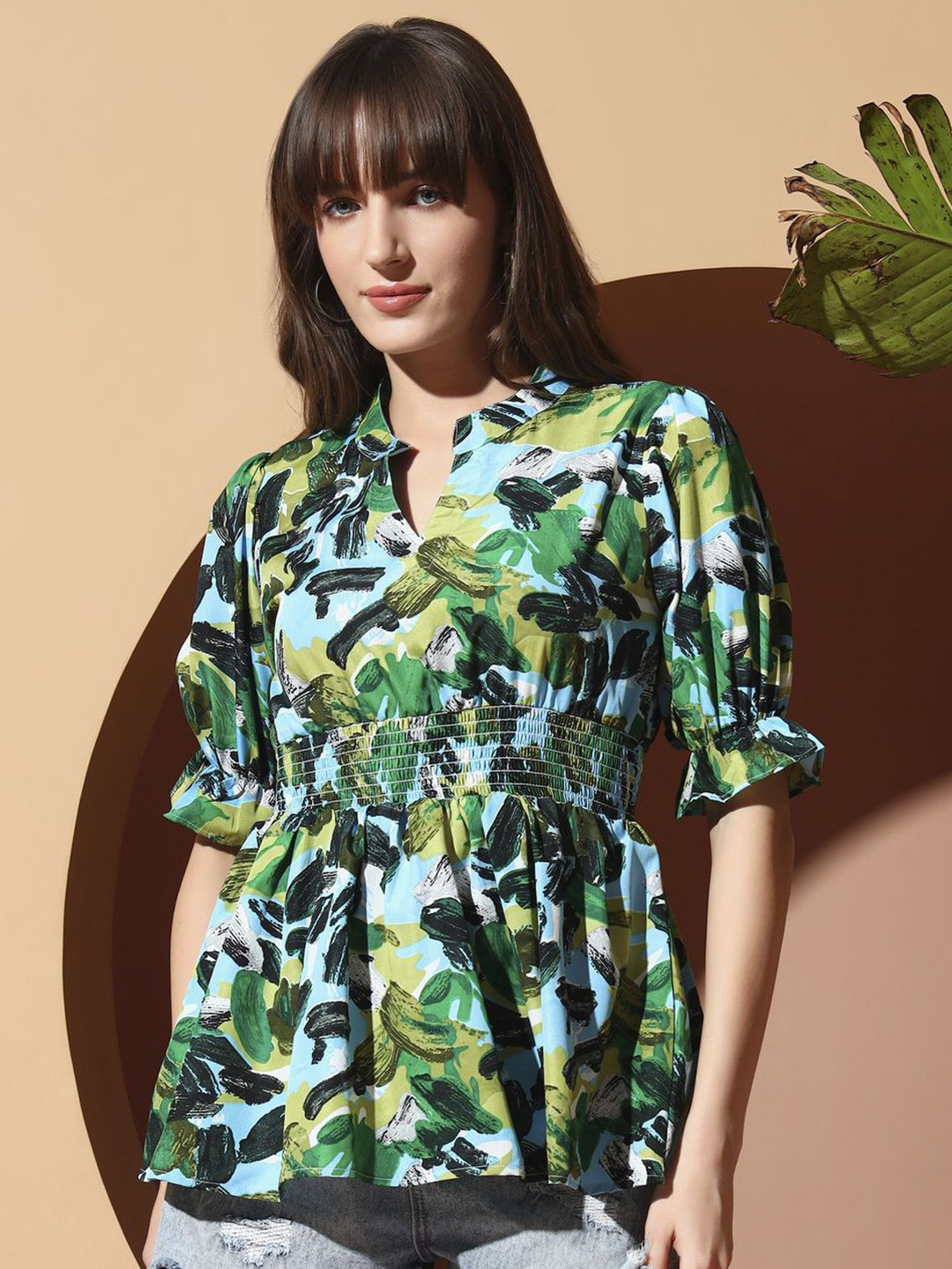 ZWERLON Women Abstract Printed V-Neck Bell Sleeves Smocked Peplum Regular Top