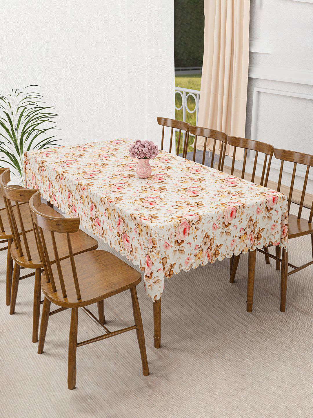 Kuber Industries Cream-Coloured & Pink Floral Jute Anti-Skid 6-Seater Table Cover