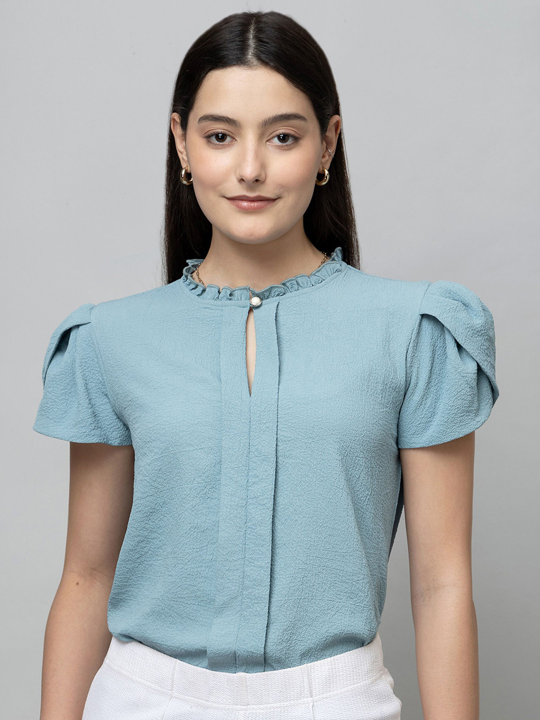 PURYS WORKSPACE Women Keyhole Neck Tulip Sleeves Top