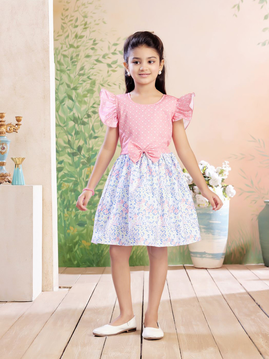 BAESD Girls Floral Printed Bow Flutter Sleeve Fit & Flare Dress