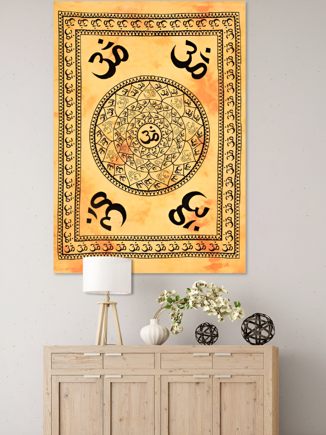 HANDICRAFT PALACE Yellow & Black Om Mandala Printed Pure Cotton Wall HangingTapestry