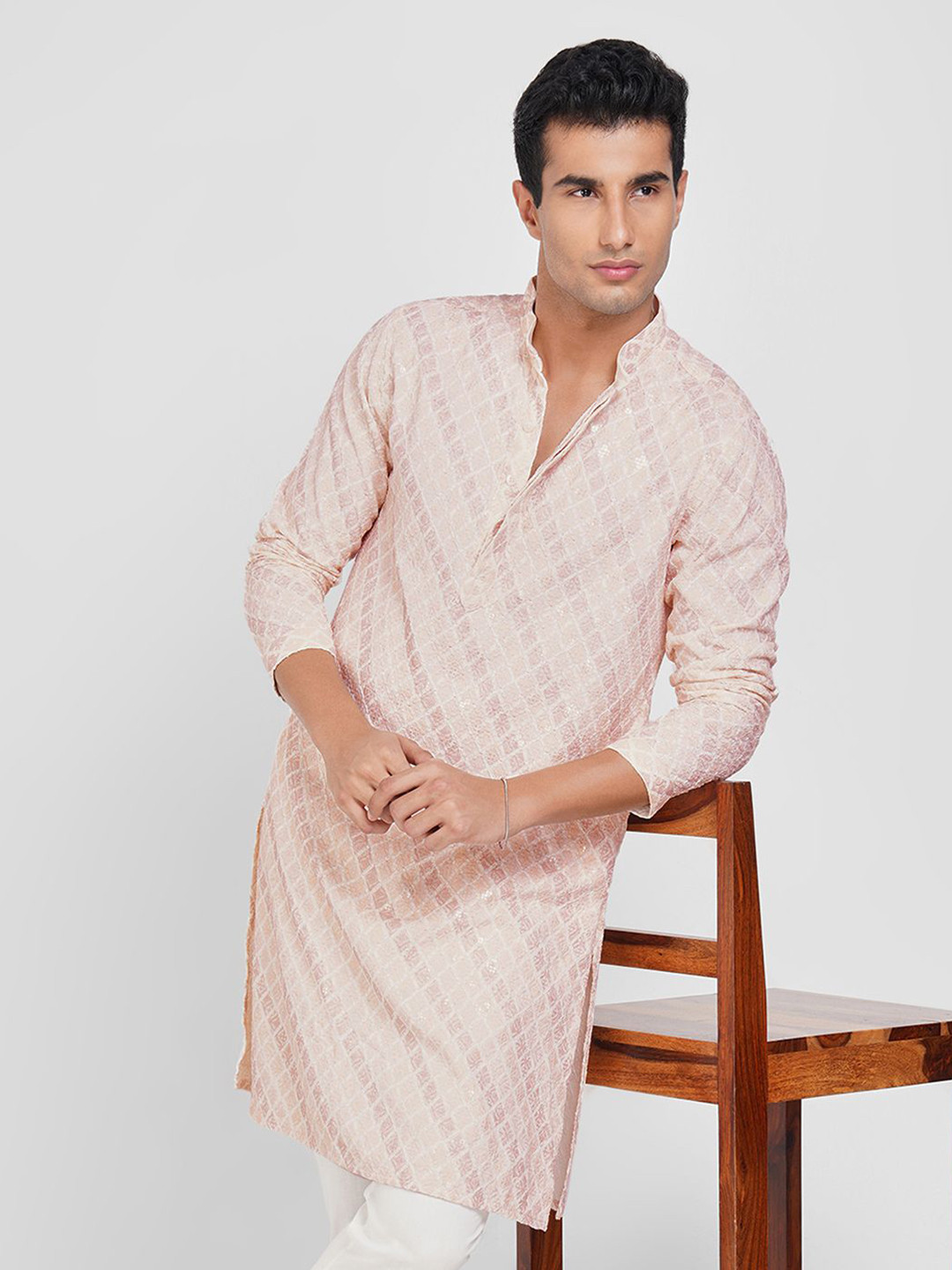 indus route by Pantaloons Men Embroidered Mandarin Collar A-Line Kurta