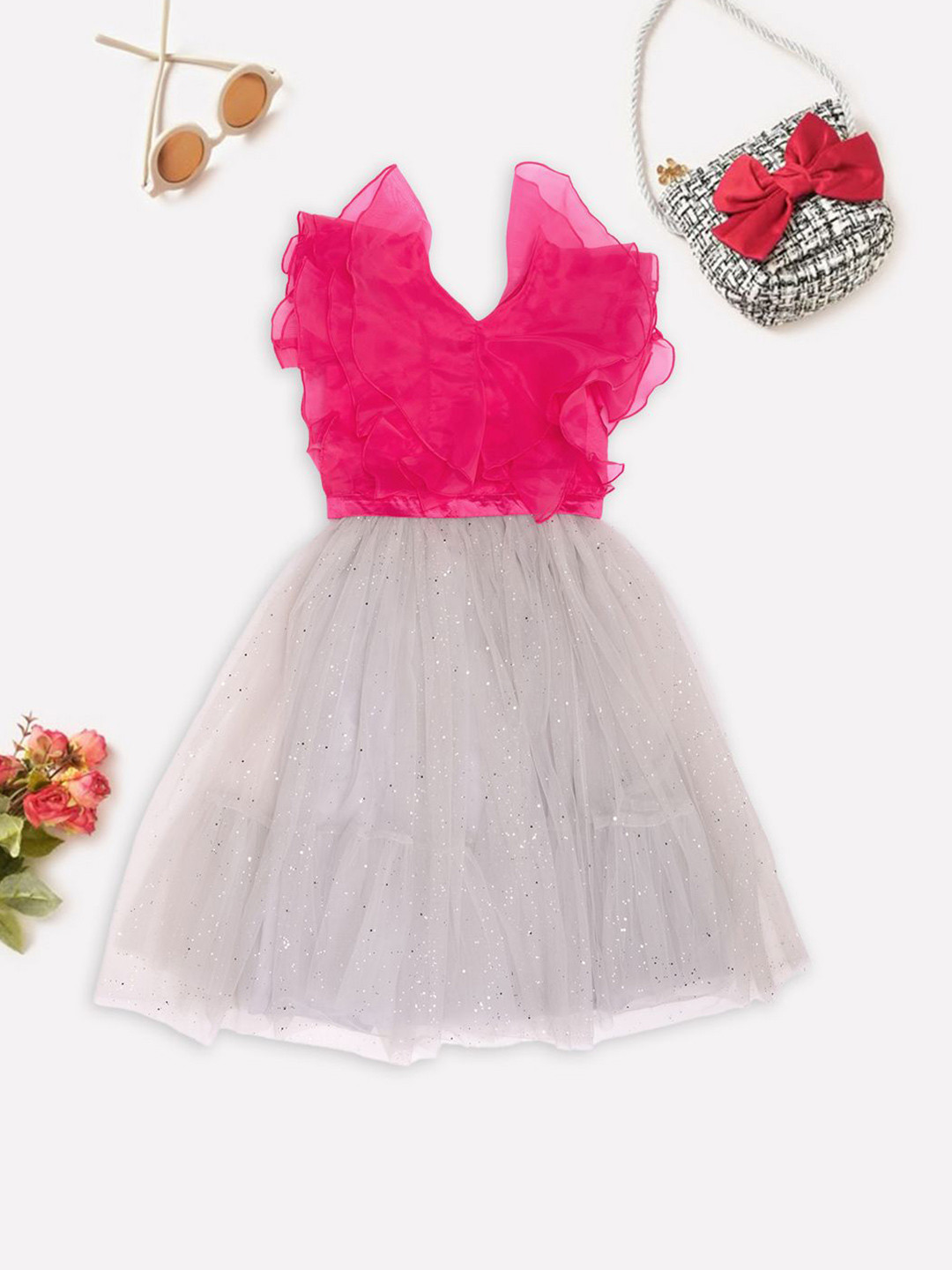 Pantaloons Junior Girls Colourblocked Flutter Sleeves Ruffles Tulle Fit & Flare Dress