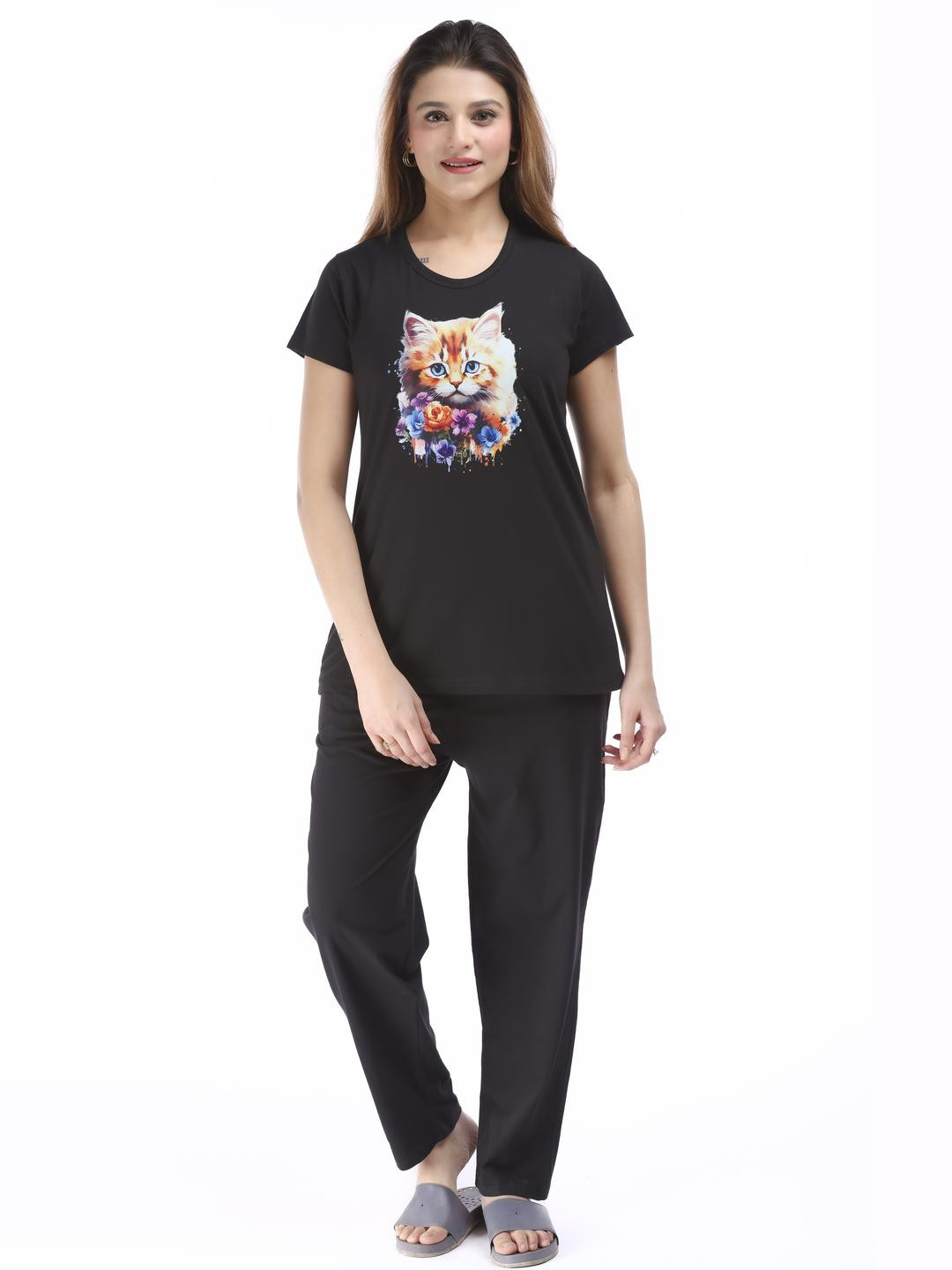 E-MAX Women Black Cotton Night suit