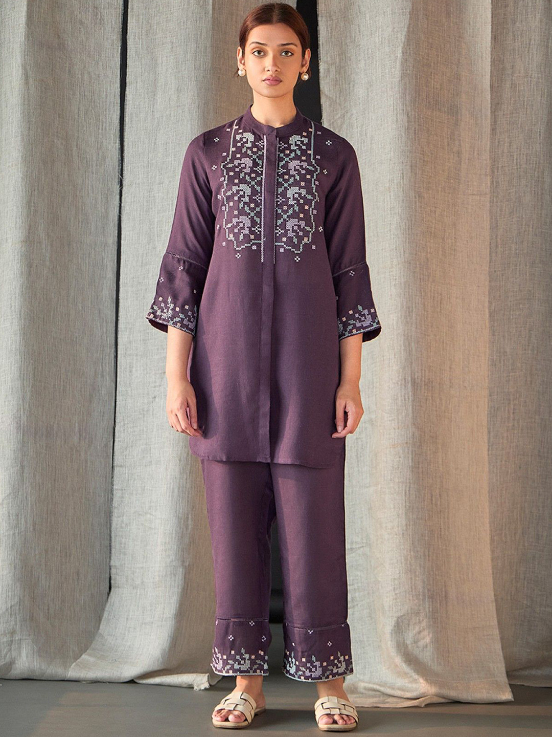 Bombay Bloom Women Top With Trousers Grape Linen Cross-Stitch Co-Ords