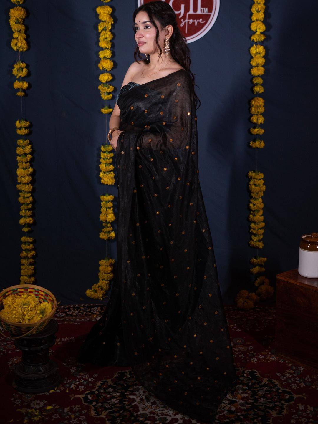 The Raksha Store Geometric Embroidered Saree With Tikli work