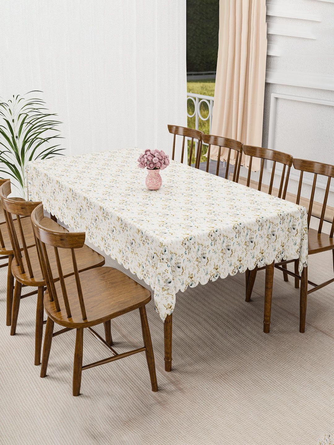 Aura Floral Cutwork Jute Dining Table Cover Cloth 6 Seater