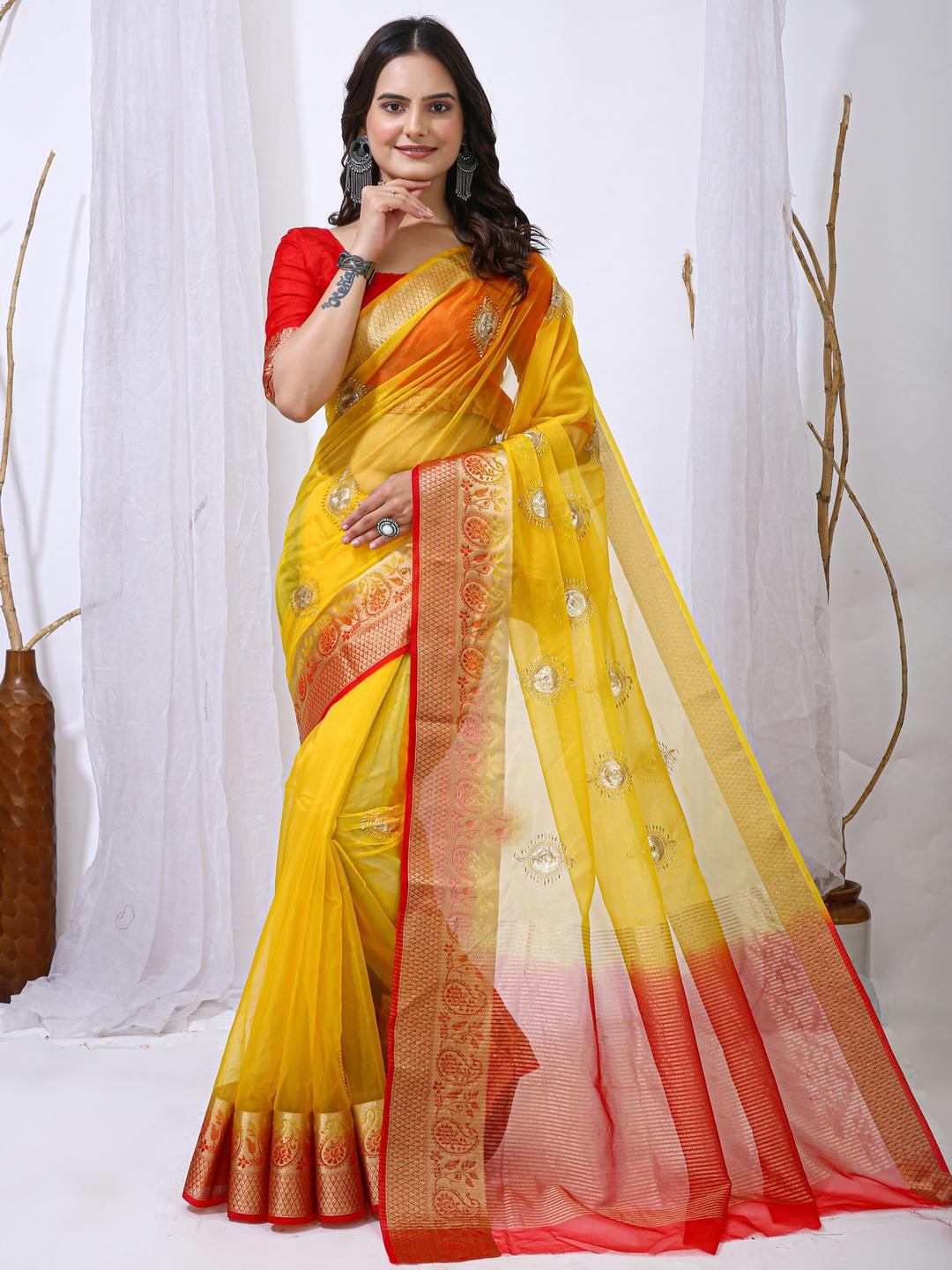 KALINI Yellow Organza Embellished Sarees