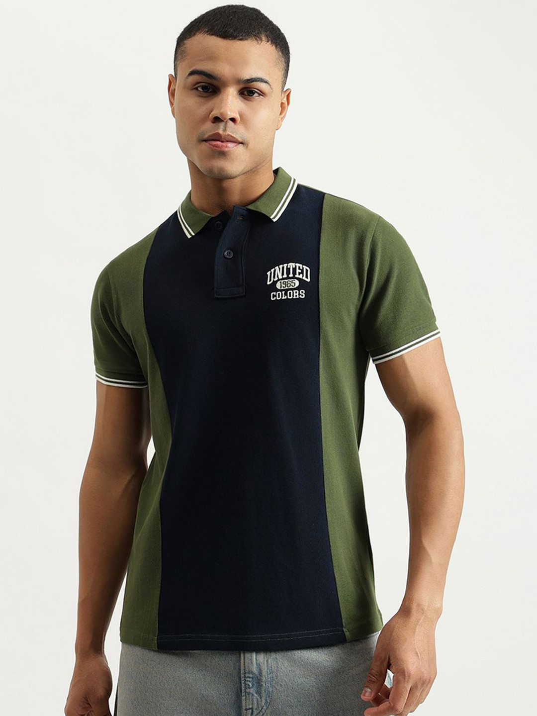 United Colors of Benetton Men Colourblocked Polo Collar Pure Cotton T-shirt