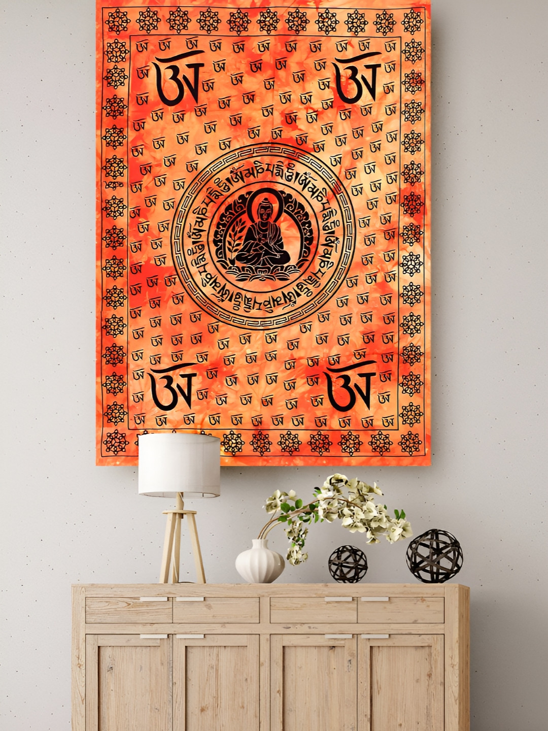 HANDICRAFT PALACE Orange Colored Lord Buddha Om Printed Pure Cotton Wall Hanging Tapestry
