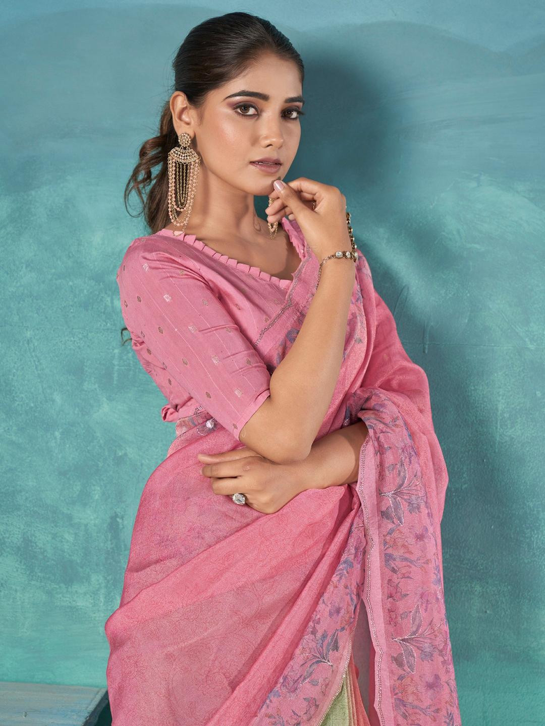 100 Dreams Floral Beads and Stones Organza Saree