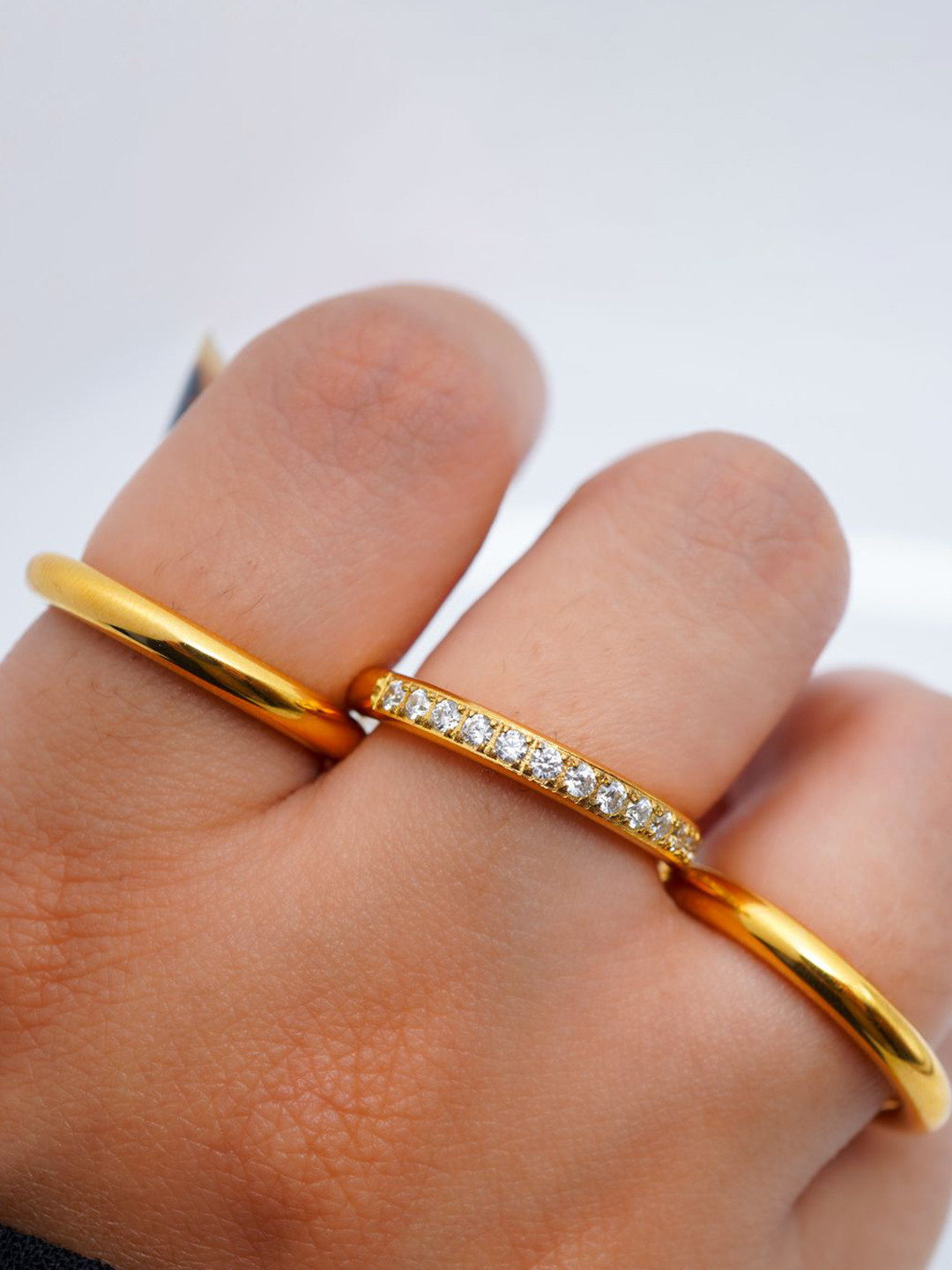 INTERSTELLAR Set Of 3 Stainless Steel Gold-Plated Cubic Zirconia -Studded Finger Rings