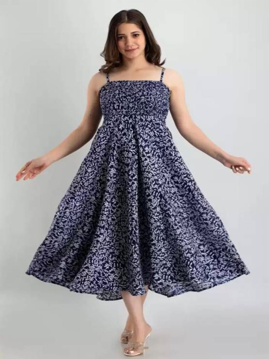 Pinly Floral Print Shoulder Straps Fit & Flare Dress