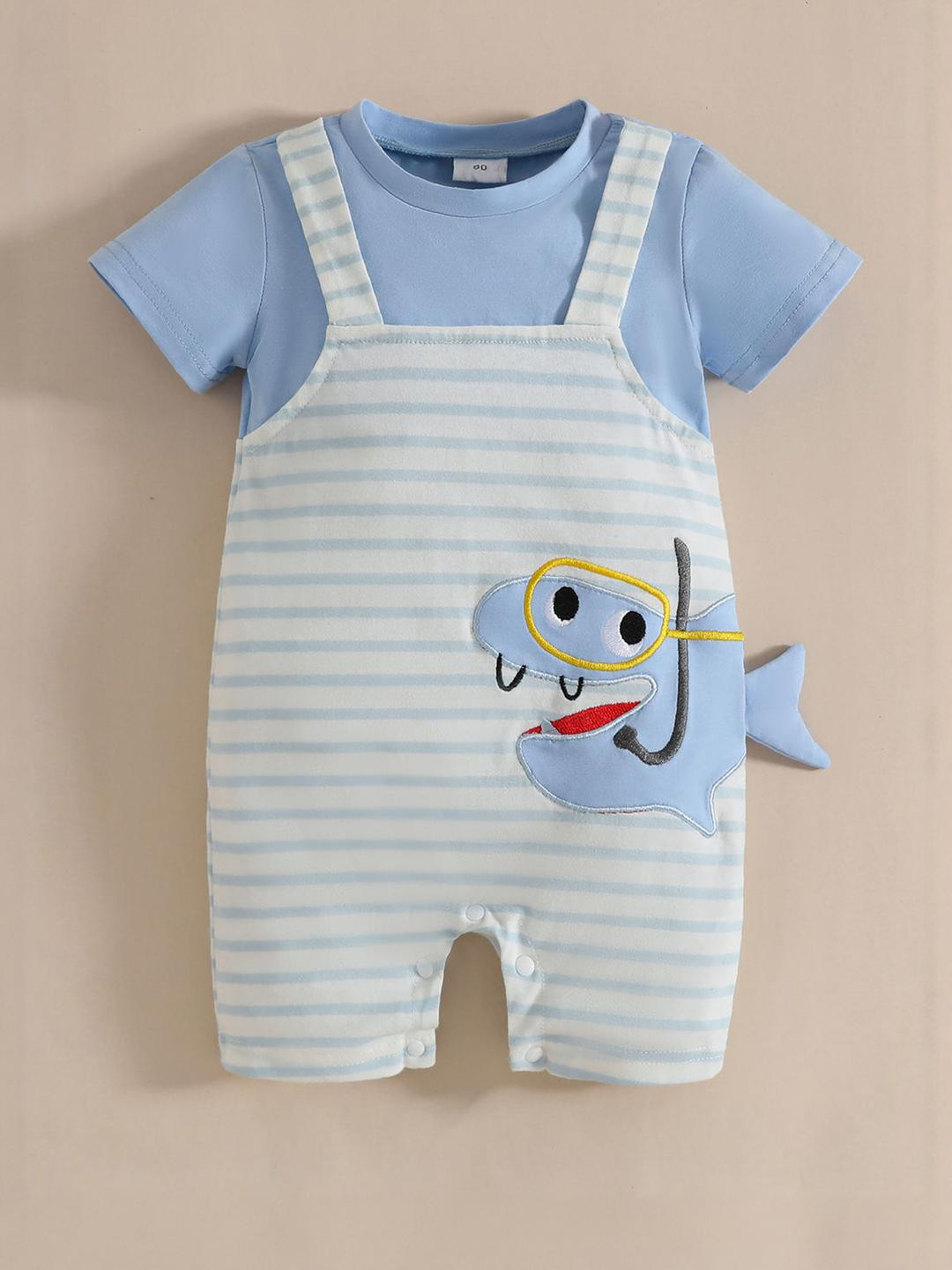 Hopscotch Kids Blue & White Diving Buddy Cotton Romper