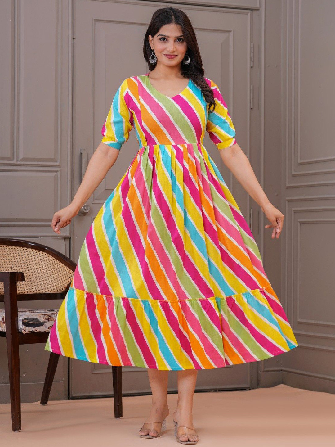 UrbanRang Leheriya Print Puff Sleeve Maternity Fit & Flare Midi Dress