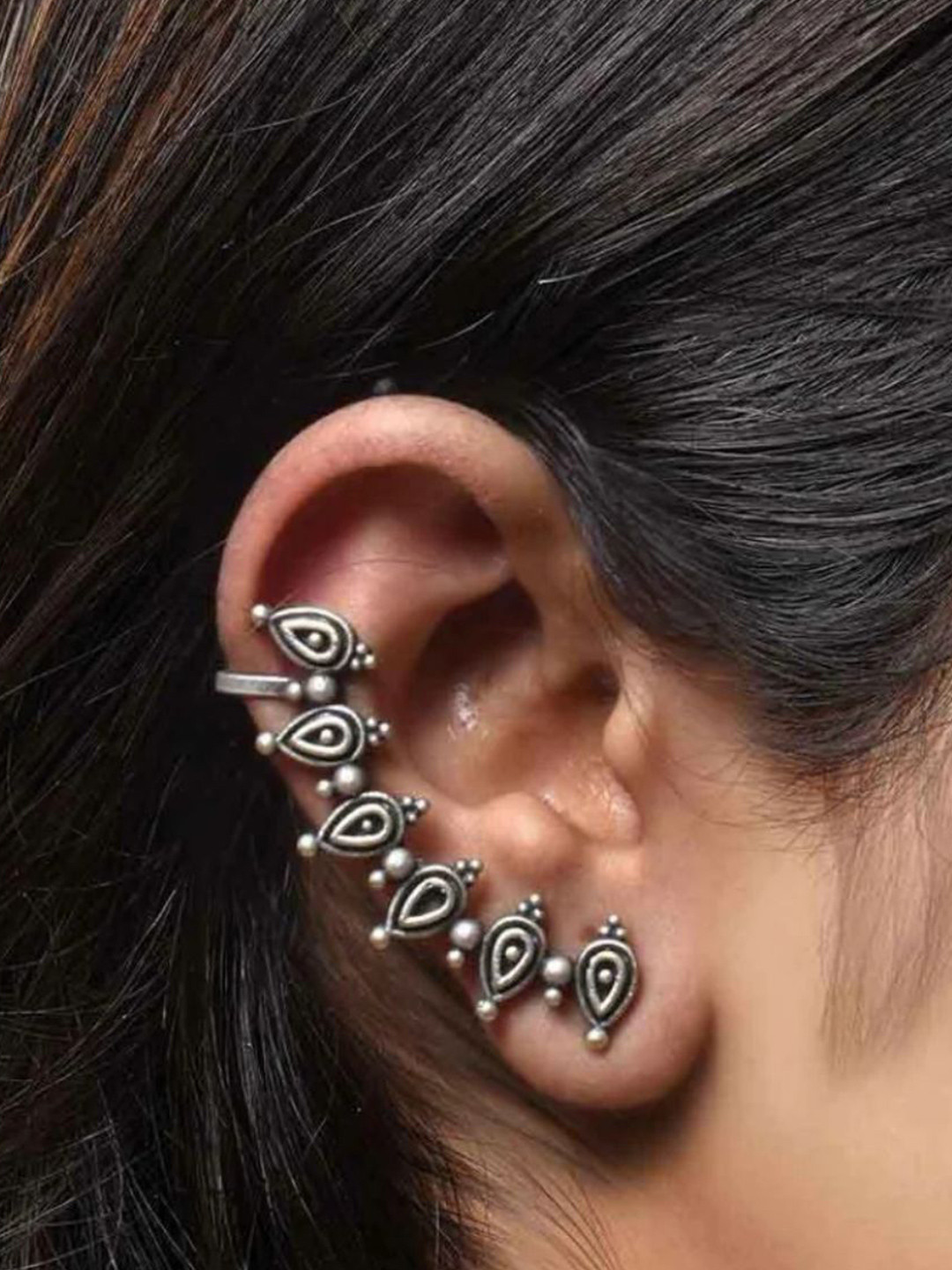 ALANKAARA Oxidised Teardrop Shaped Ear Cuff
