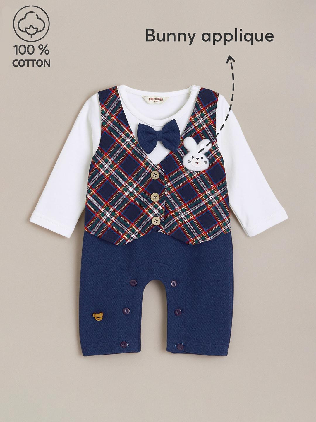Hopscotch Boys Tartan Plaid Mock Vest Cotton Romper