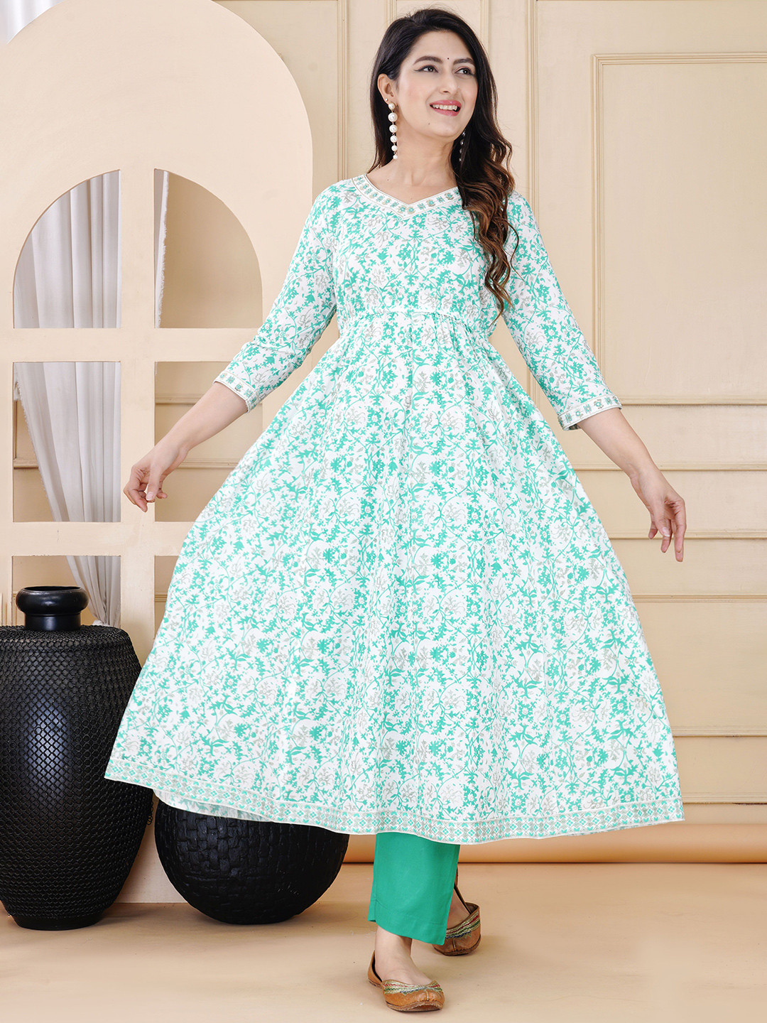 ZELA Floral Printed Thread Work Anarkali Kurta