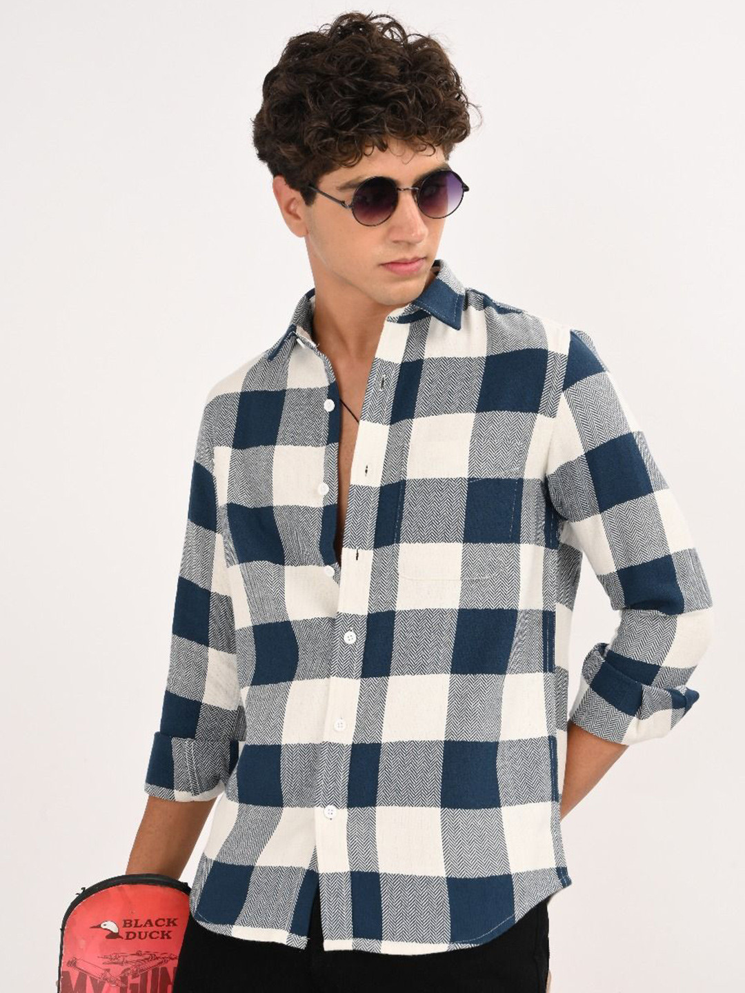 Blu MNKY Men Classic Slim Fit Buffalo Checked Spread Collar Cotton Casual Shirt