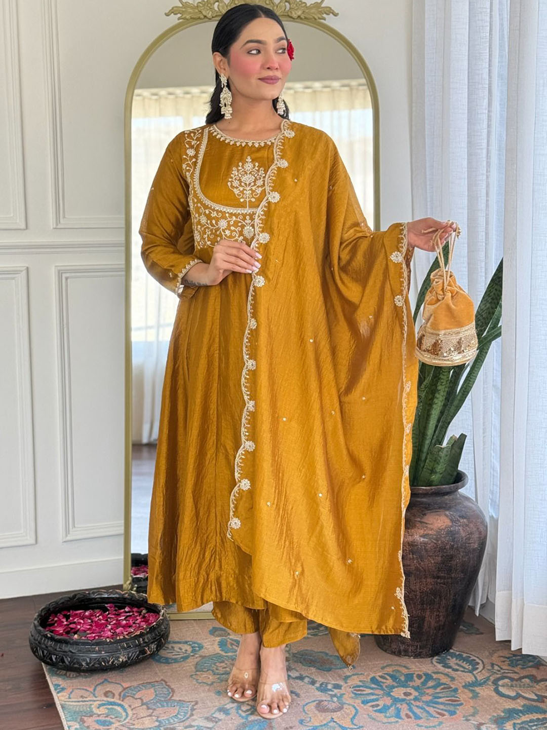 Pantos Yoke Design Embroidered Sequinned Chanderi Silk Kurta With Trousers And Dupatta