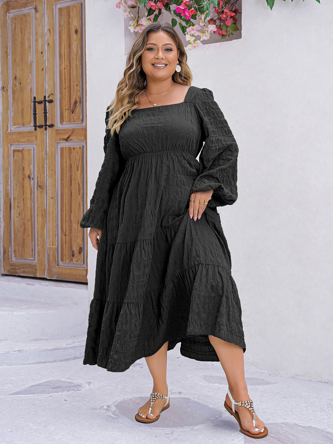 Sztori Women Plus size Square Neck Puff Sleeves Tiered Fit and Flare textured Midi Dress