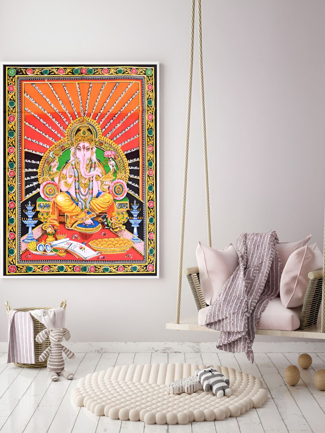 HANDICRAFT PALACE Orange Colored & Black Lord Ganesh Printed Cotton Wall Hanging Tapestry