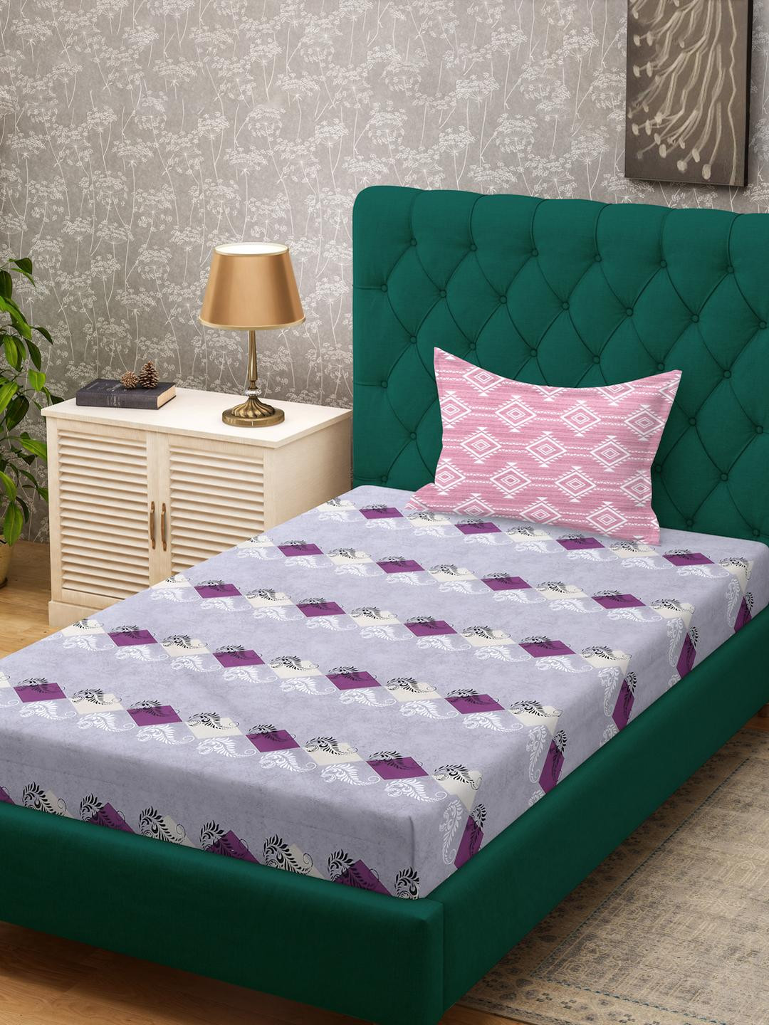 KLOTTHE Purple Geometric Cotton Single Bedsheets