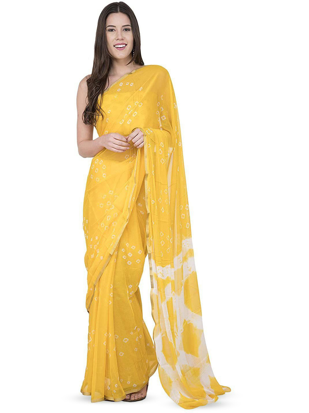 DURGA EMPORIO Printed Zari Pure Chiffon Bandhani Saree With Unstiched Blouse Piece