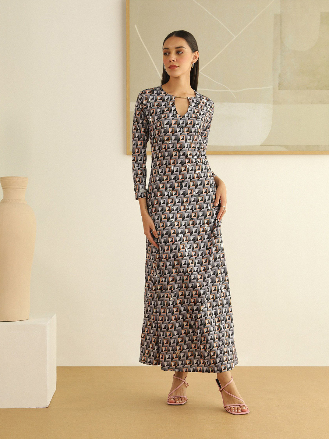 PRIMAL GRAY Women Geometric Printed  V-Neck A-Line Full Length Dress