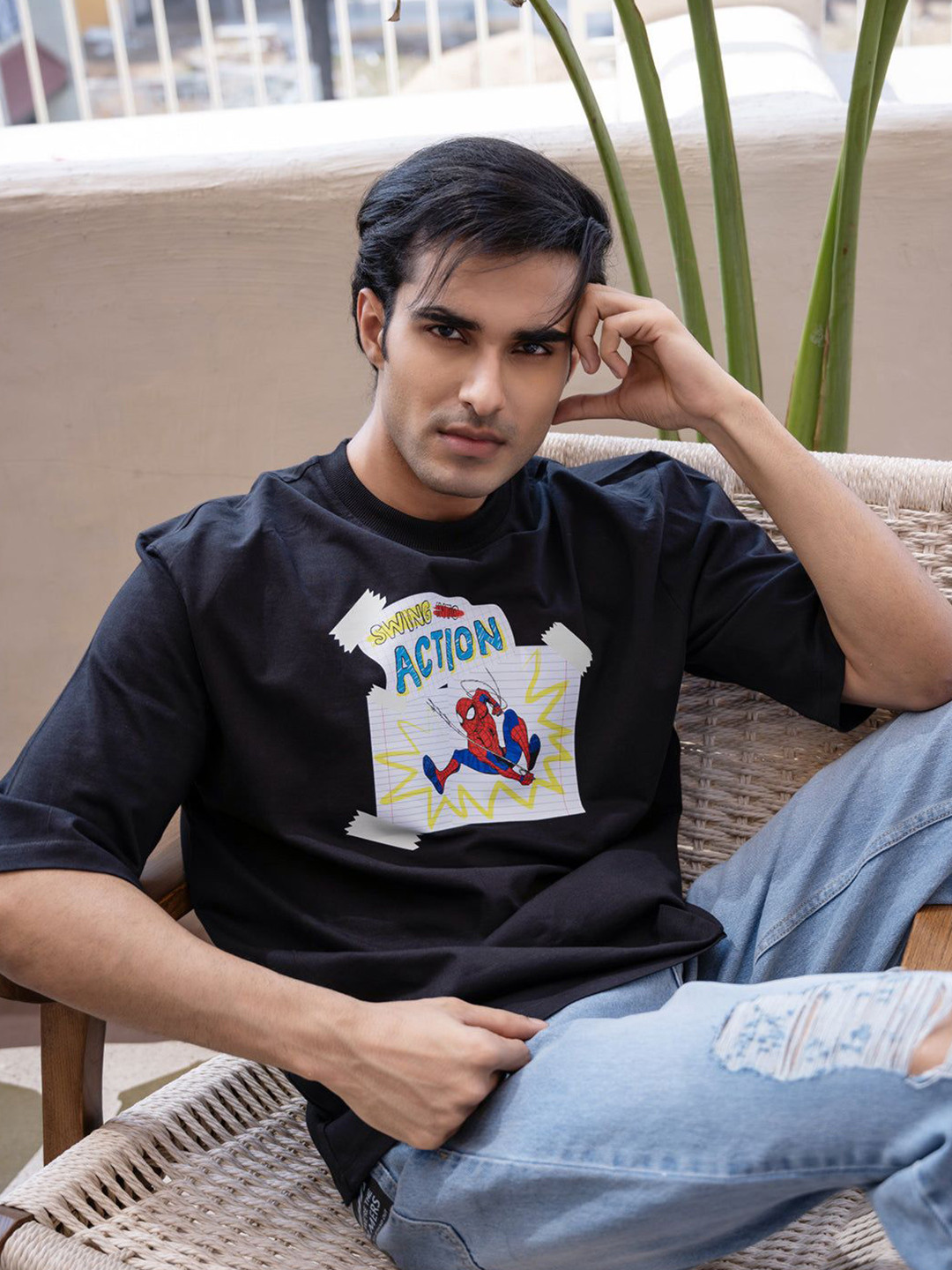 BonOrganik Men Spider-Man Graphic Printed Round Neck Cotton Oversized T-shirt