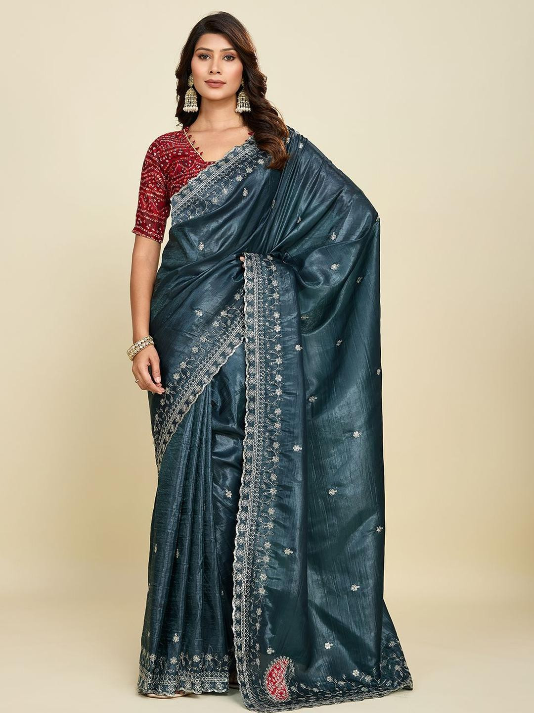 Elite Fashion Floral Embroidered Sequinned Pure Chiffon Saree And Unstiched Blouse Piece