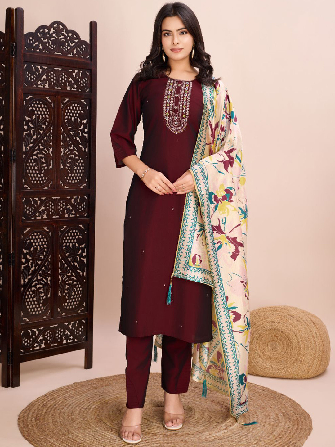 GRISHU COLLECTION Yoke Design Thread Work Pure Silk Straight Kurta With Trousers & Dupatta