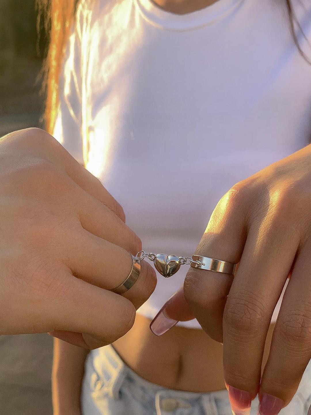 TheVineGirl Silver Magnetic Heart Matching Love Couple Ring