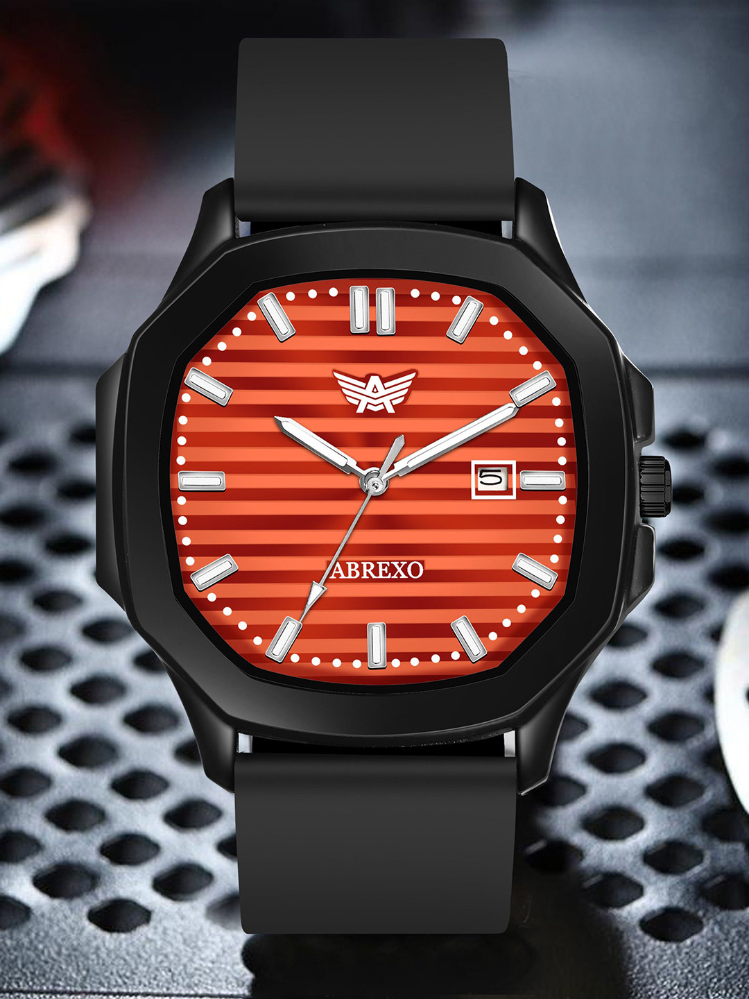 Abrexo Men Textured Dial & Straps Analogue Watch Abx66001 Red Dial Black Silicone Strap