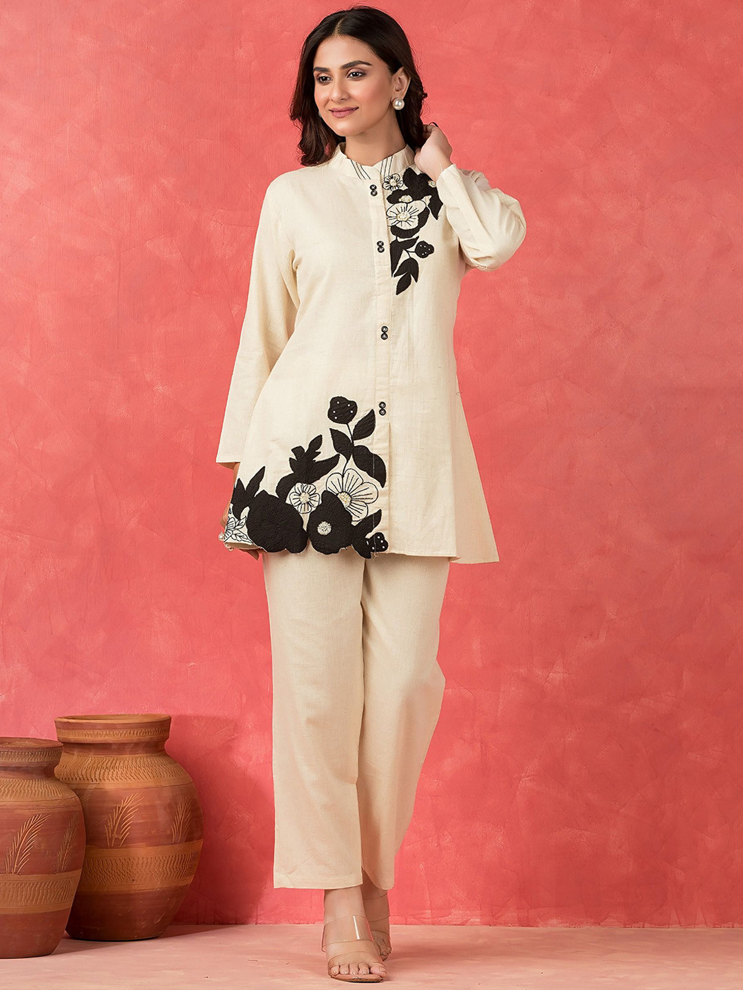 AUTUMN LANE Sabhya Sage Applique Pure Cotton Mandarin Collar Top With Trousers Co-Ords