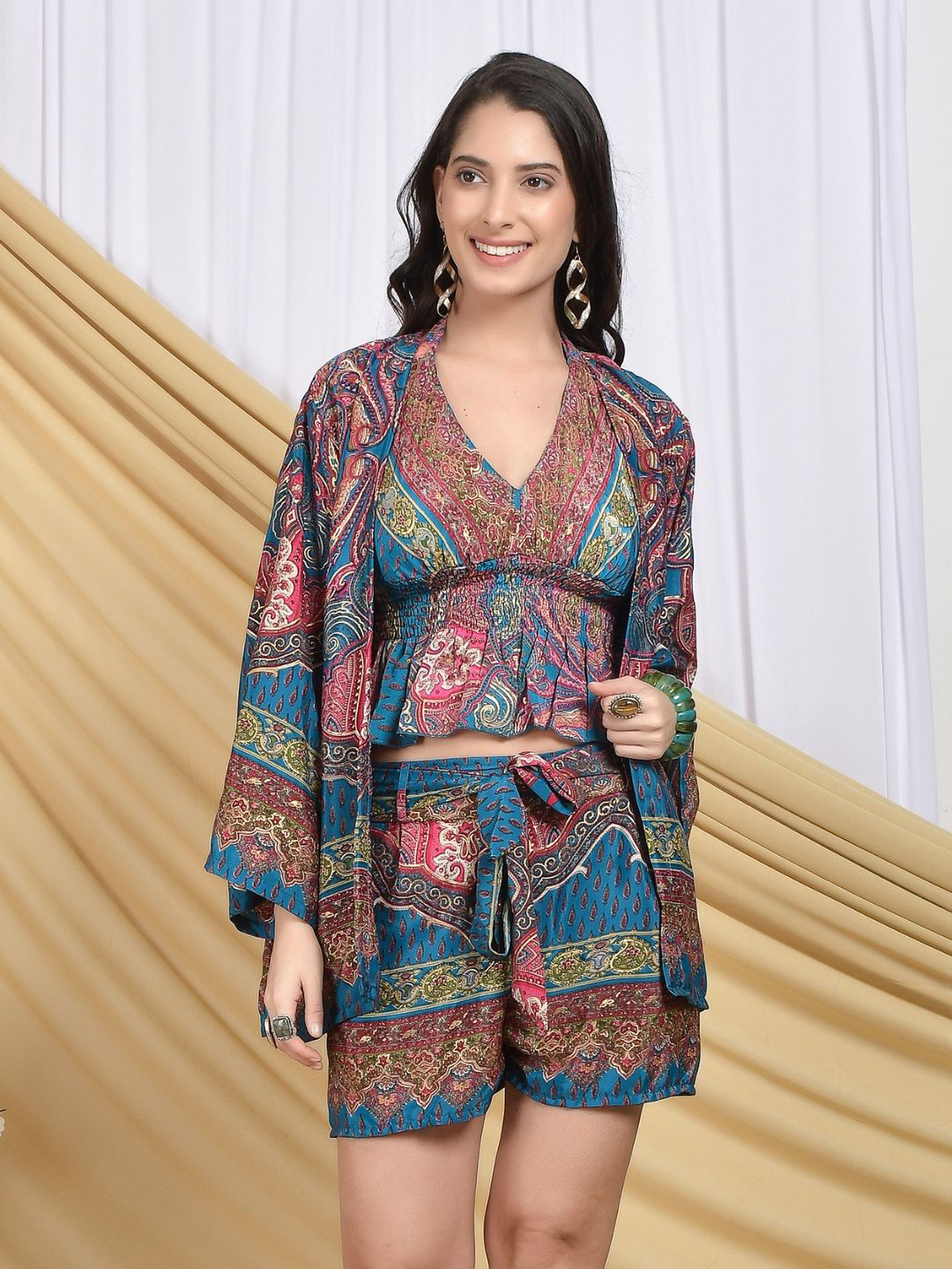 Boholyfe Sienna Raspberry Printed Halter Neck Top & Shorts With Shrug Co-Ords