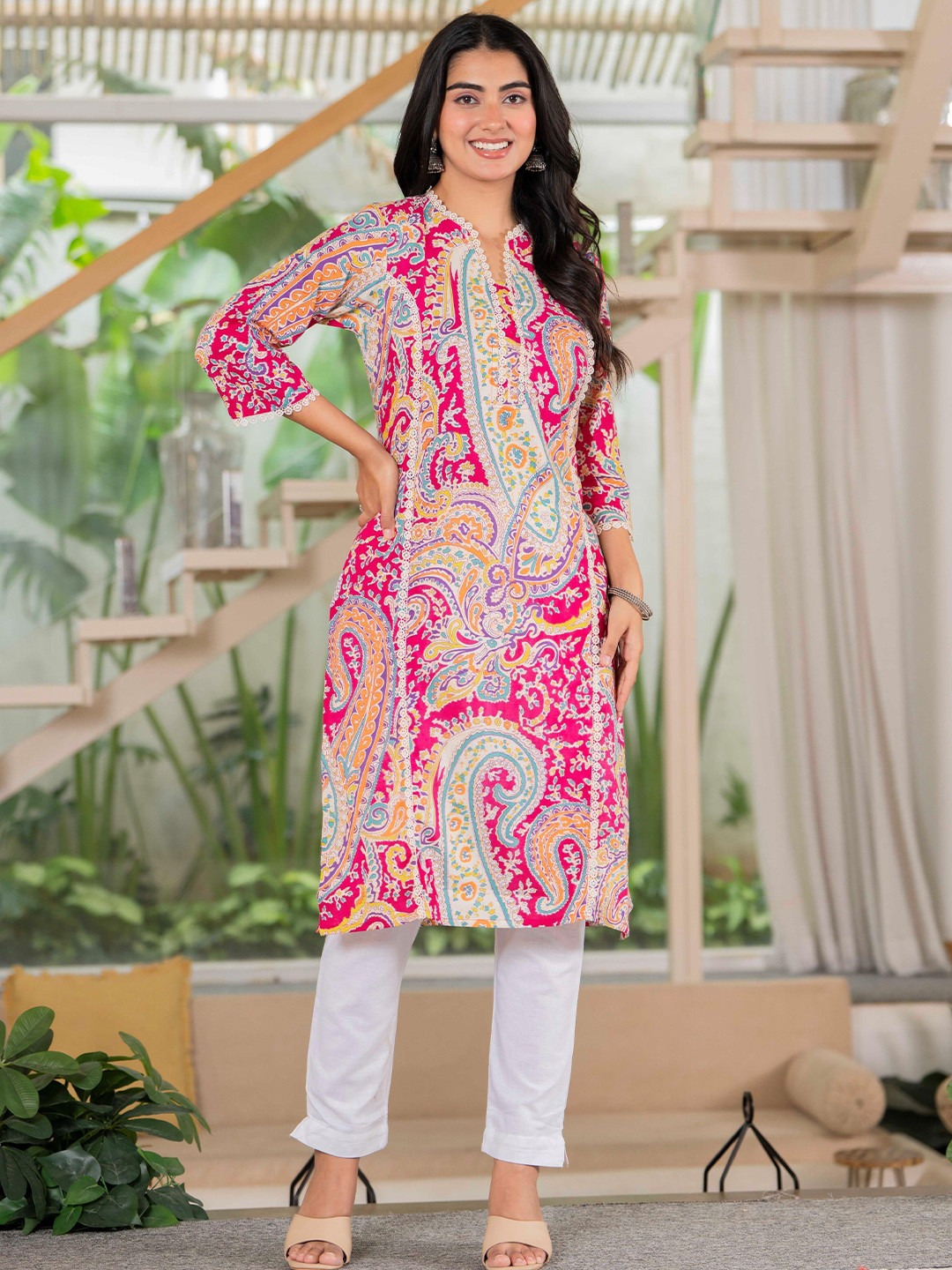 ANUOM Women Paisley Printed Pure Cotton Ethnic Straight Kurtas